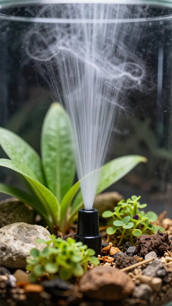 squeeze bottle misting tiny terrarium planting, close shot