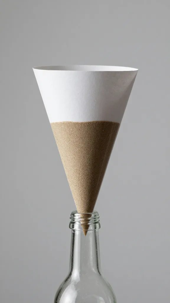 paper cone guiding sand layer into tight-neck bottle