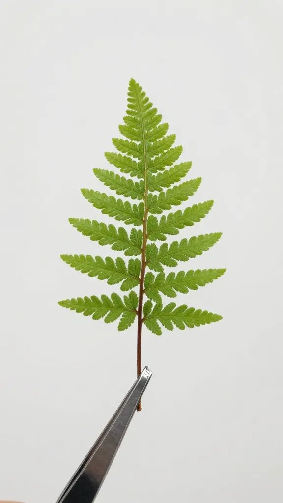 single miniature fern planted via long tweezers, closeup
