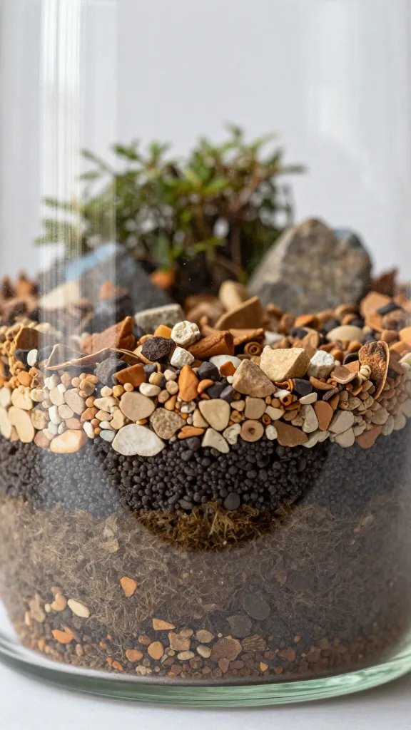 closeup of layered terrarium substrate cross-section in glass jar