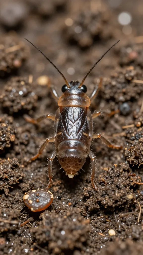 single springtail on moist soil grain, macro