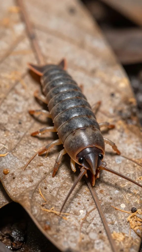 isopod on decaying leaf fragment, macro