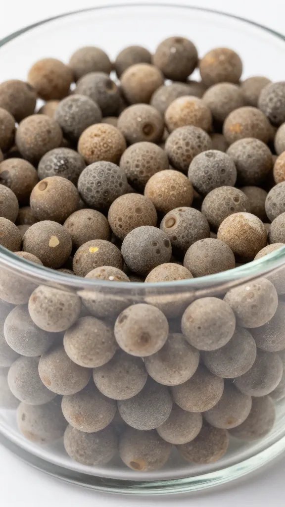 LECA drainage layer spheres in glass, closeup