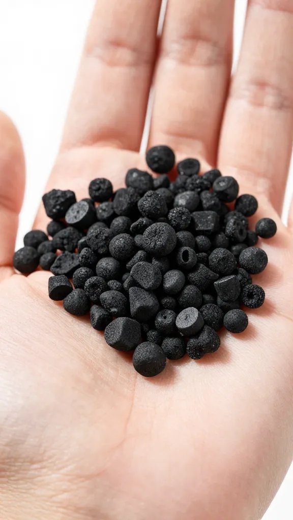 activated charcoal granules on palm, studio macro