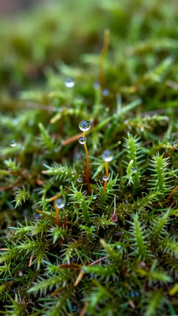 closeup of living sphagnum moss tuft, dewy strands