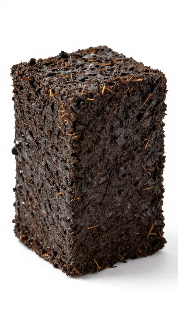 compacted peat moss plug, moist and dark, macro