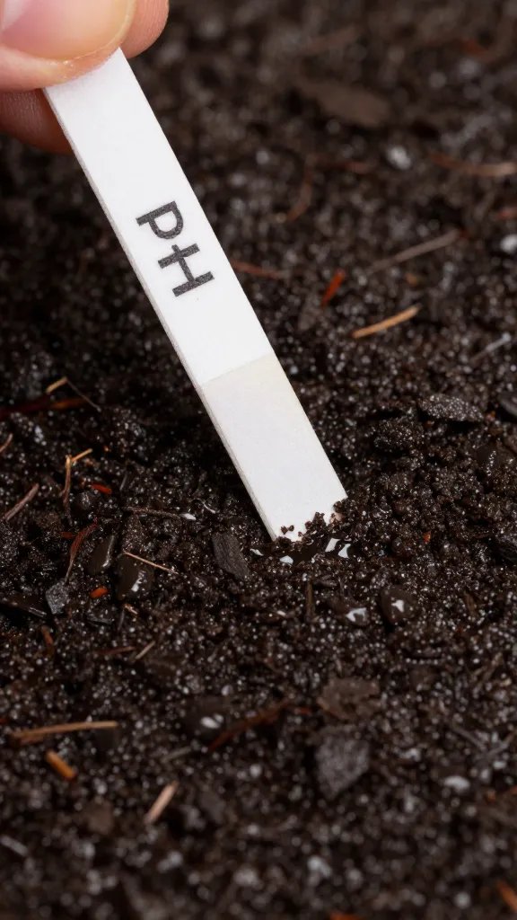 pH test strip touching wet peat surface, closeup