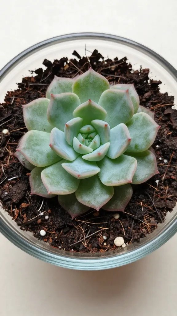single succulent in overly soggy potting soil, glass bowl