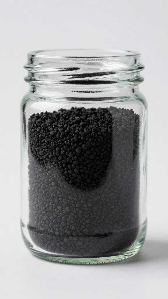 single layer of activated charcoal in glass jar