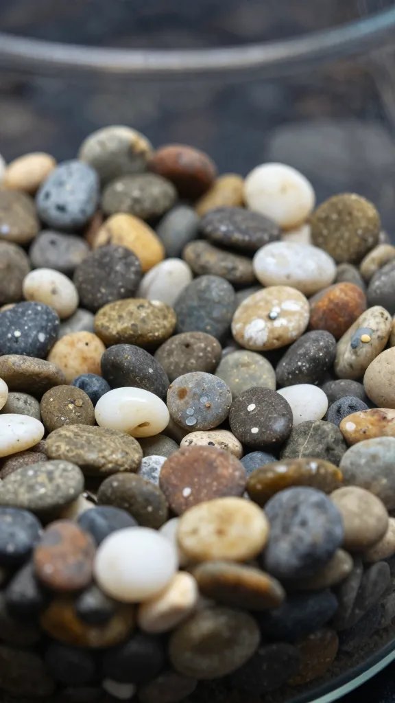 closeup of drainage pebbles base in terrarium cylinder