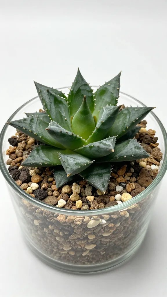 single jade plant in airy cactus mix, glass container