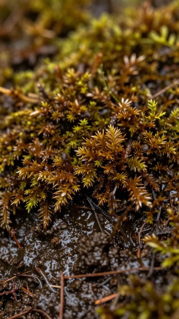 closeup of moss turning brown in waterlogged substrate