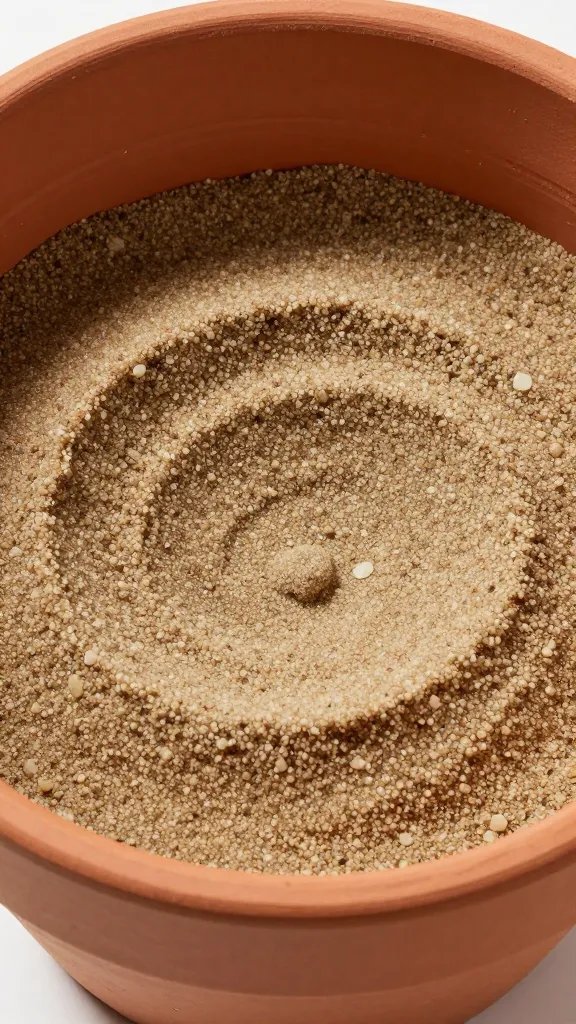 closeup of wet sand layer inside terracotta pot