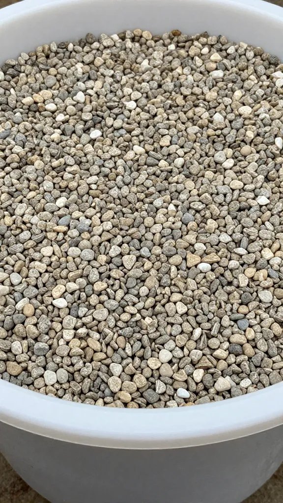 closeup of pea gravel layer in plastic planter