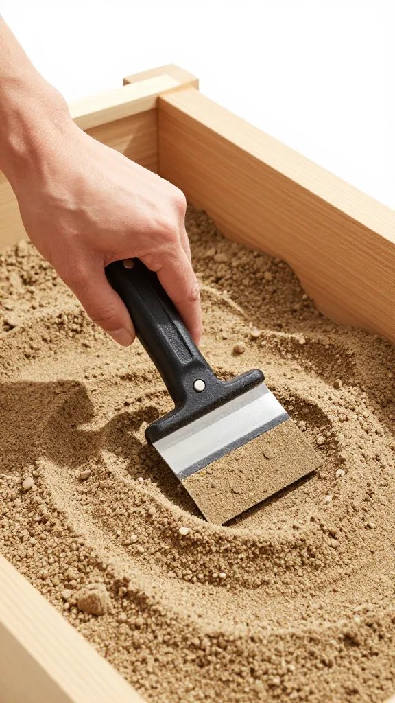 hand tamper compacting sand in raised bed corner
