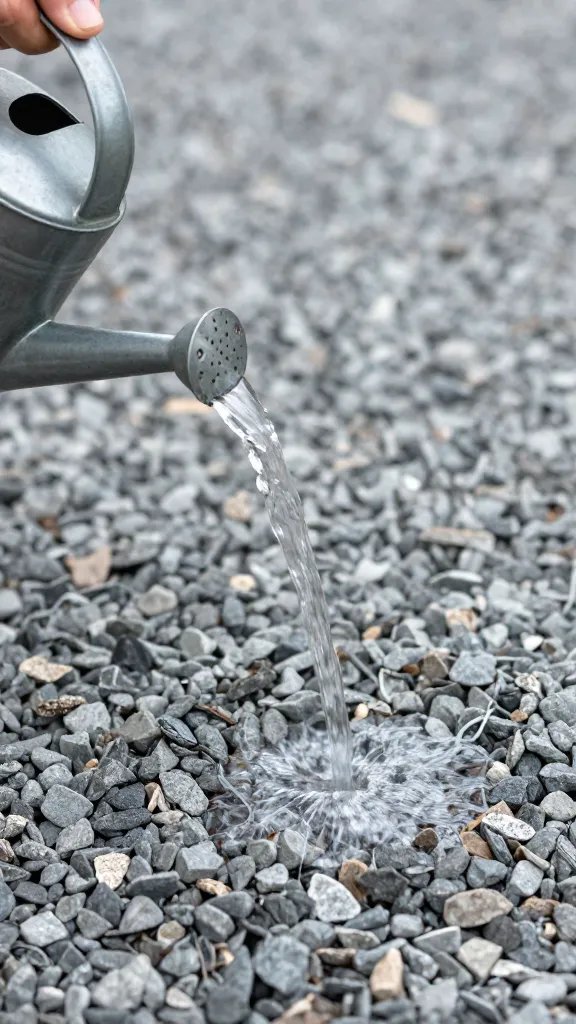 slow-pour watering can stream onto gravel layer