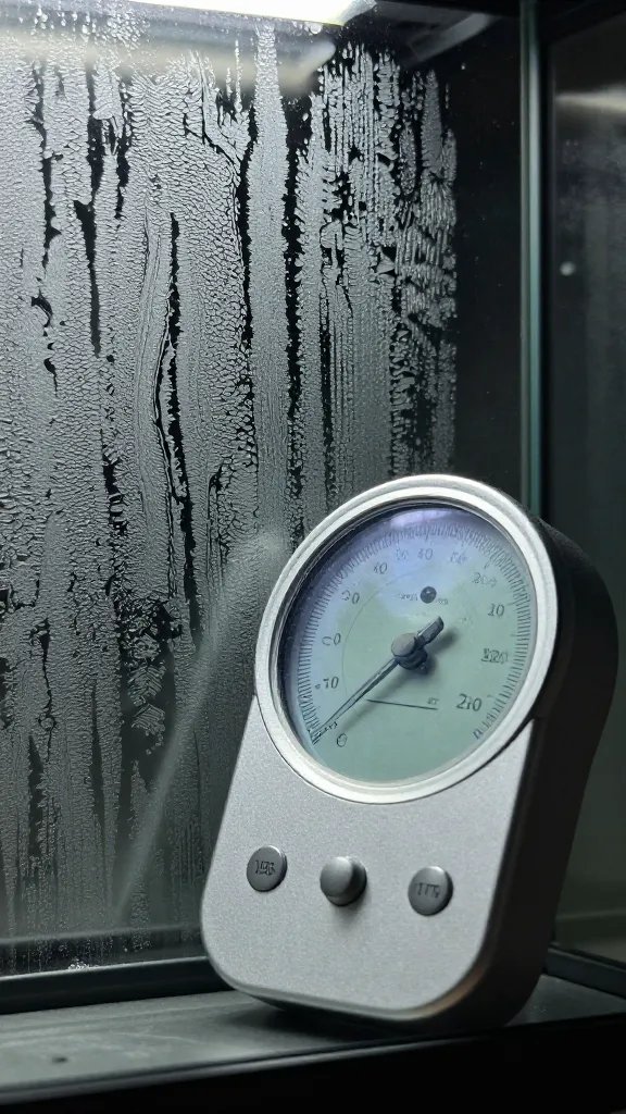 single hygrometer display beside terrarium glass condensation