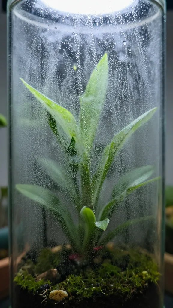closeup of terrarium glass with morning fog beads