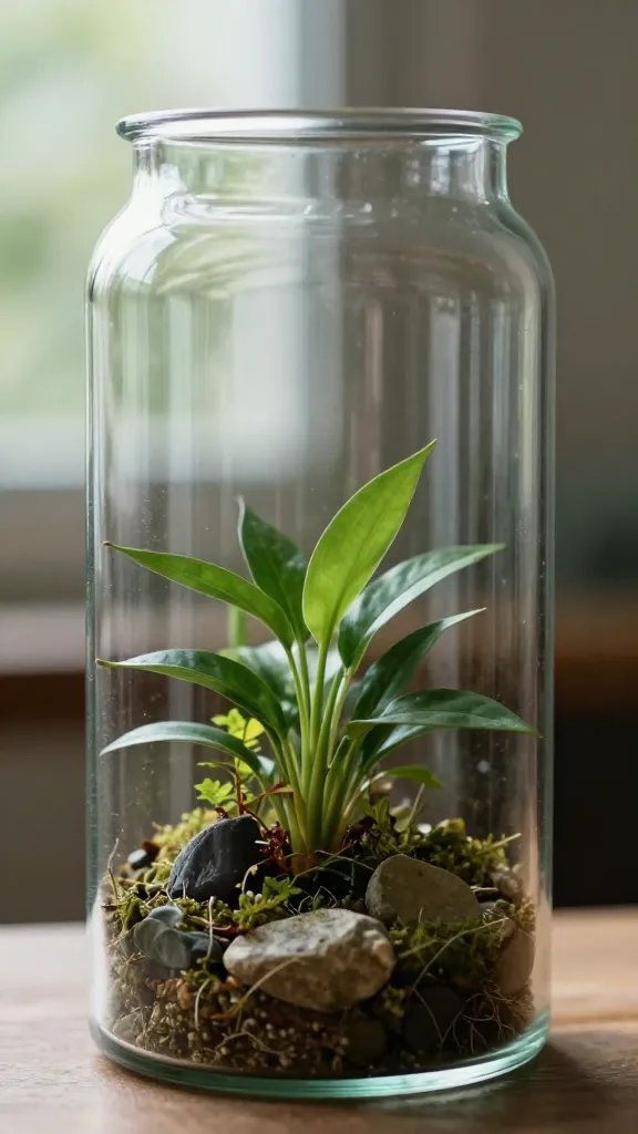 focused shot of clear midday terrarium glass