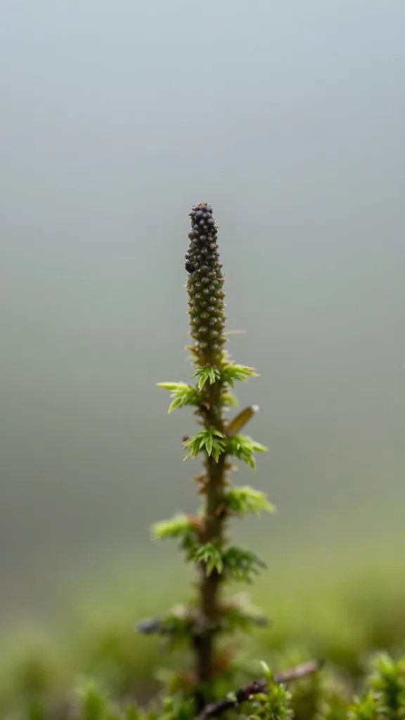 macro of moss tip behind foggy glass