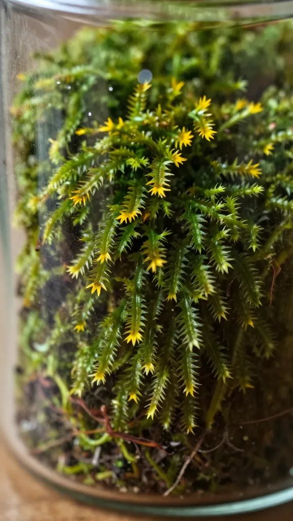 closeup of moss frond with yellowing tip in jar