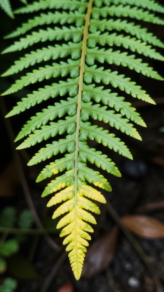 single fern leaflet tip with chlorosis under humidity