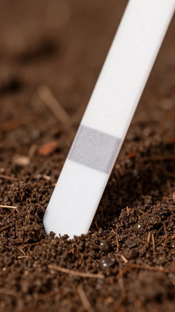 macro of ammonium test strip touching moist soil