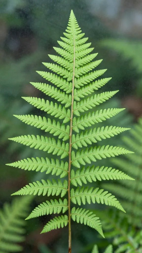 single fern frond behind low-iron glass, crisp PAR-lit veins