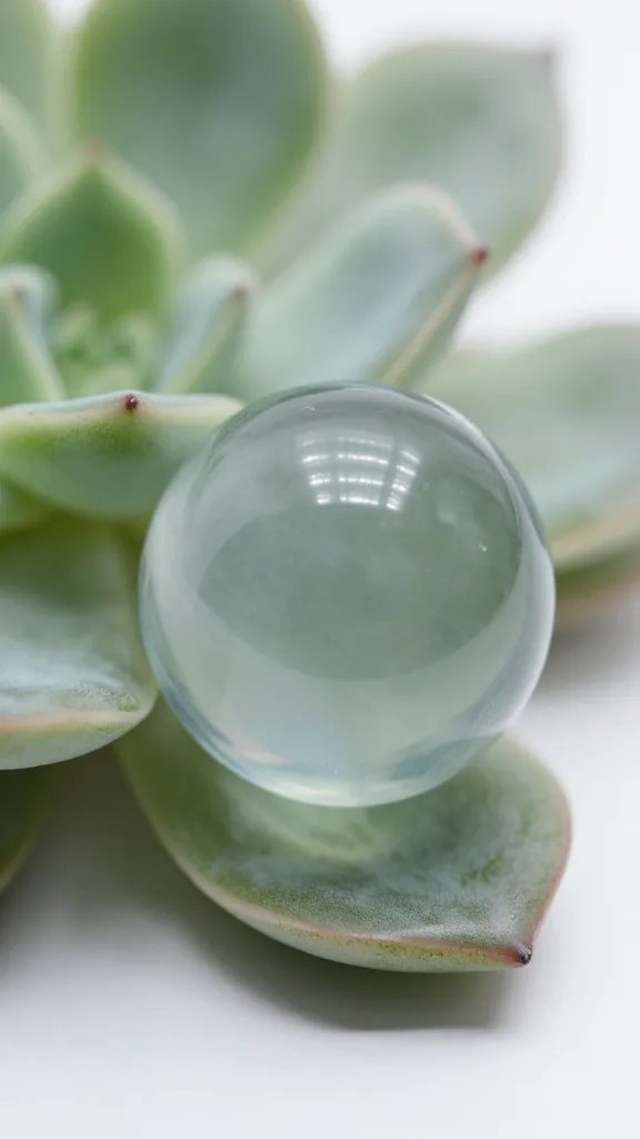 single clear glass marble beside succulent leaf, closeup