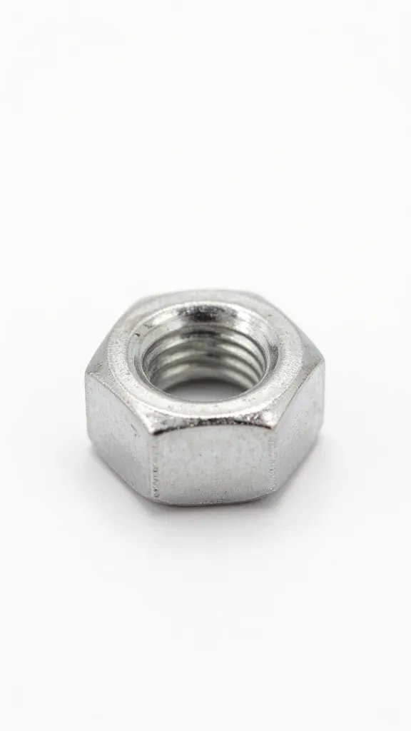 stainless steel hex nut accent, macro on white surface