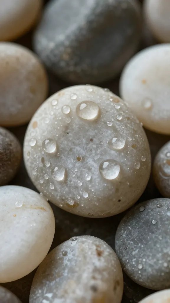 smooth quartz pebble, damp with droplets, extreme closeup