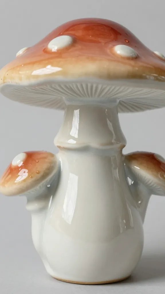 sealed ceramic mushroom figurine, glossy finish, closeup