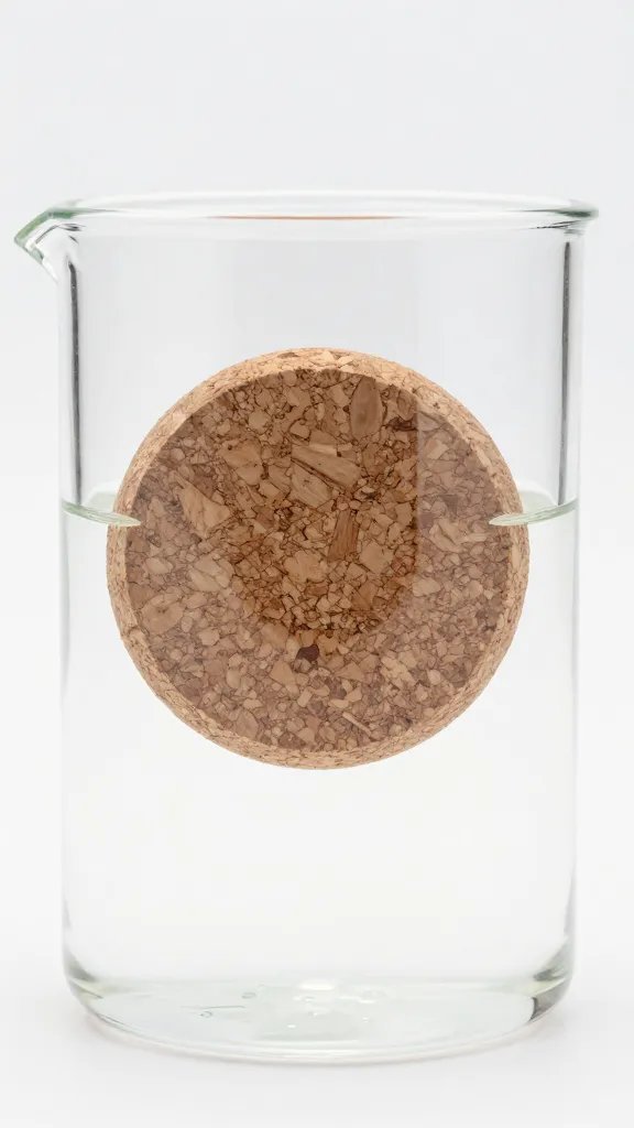 single natural cork disk, water test in glass beaker