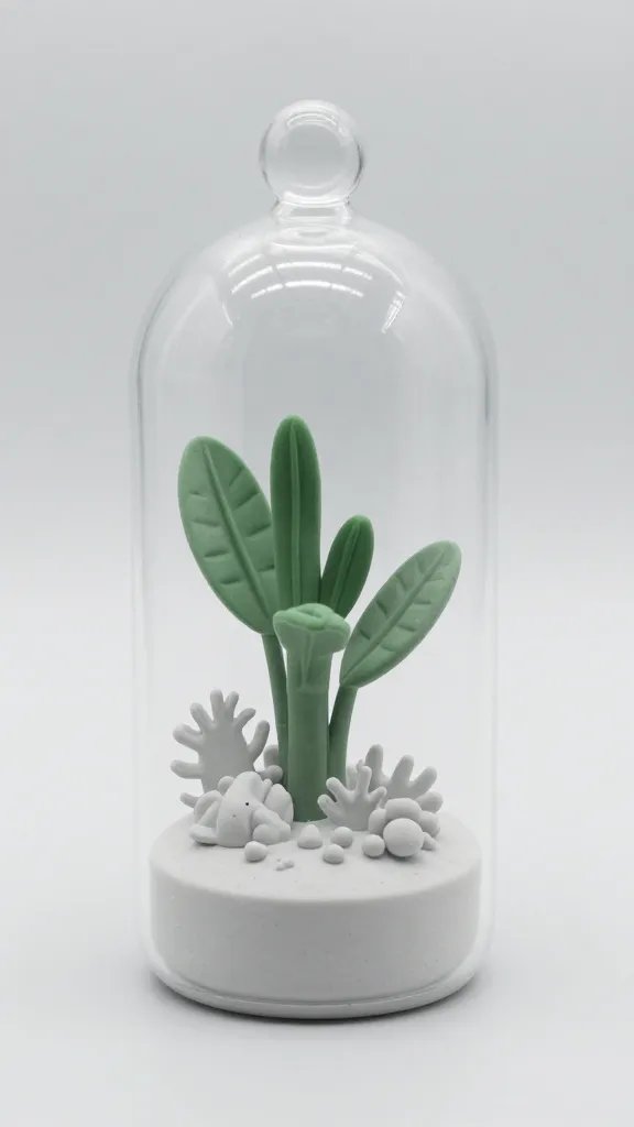 miniature sealed terrarium figurine, non-porous plastic, macro