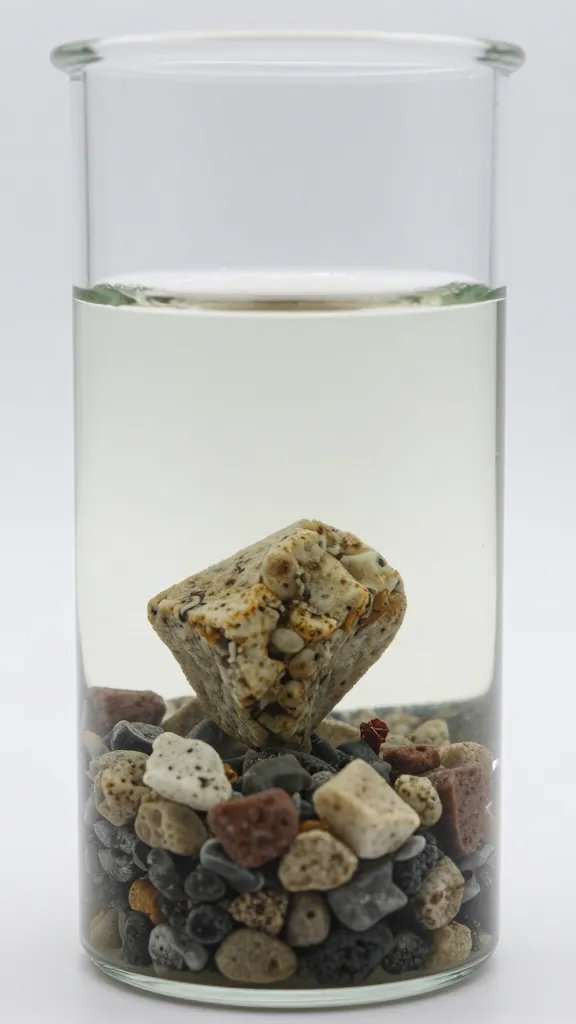 dyed aquarium gravel piece, leach test in clear vial