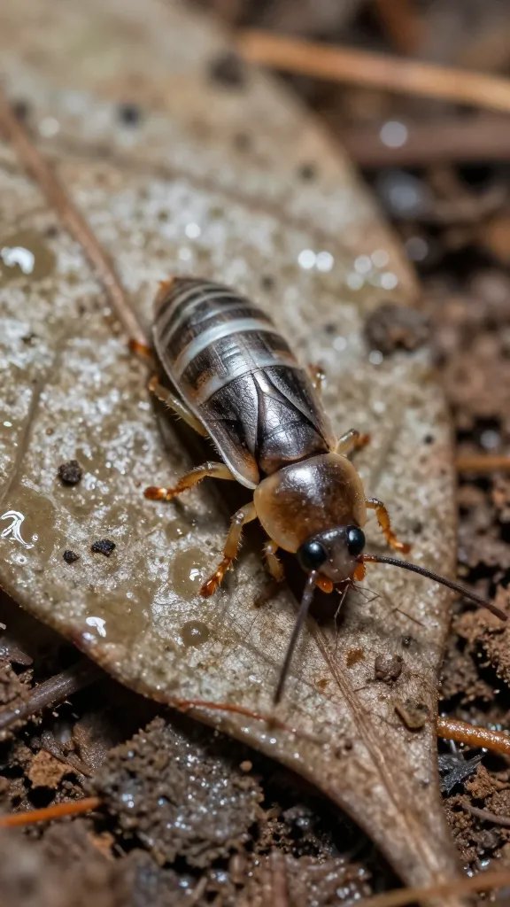 closeup of springtail on damp terrarium leaf litter