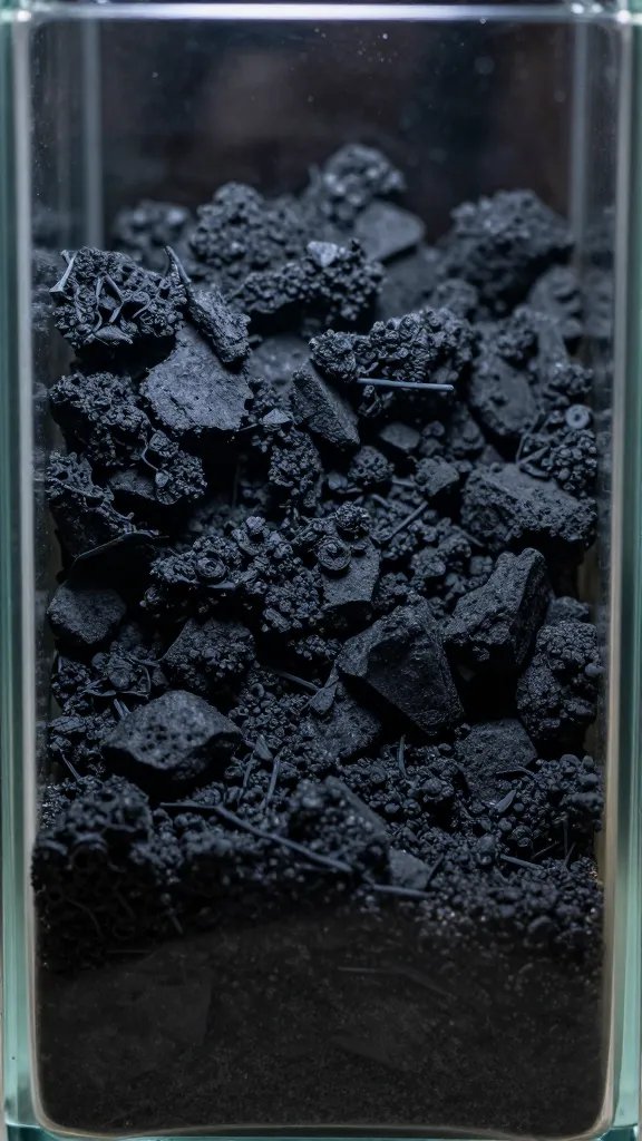 closeup of activated charcoal layer in glass terrarium