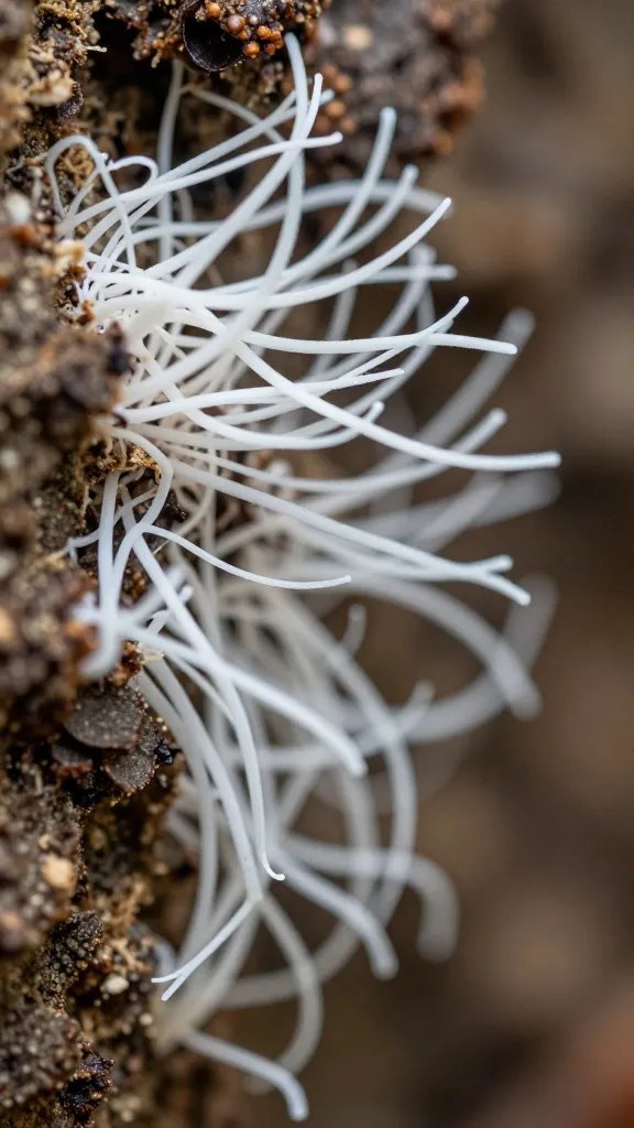 macro of white mycelium threads in forest substrate