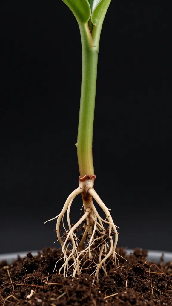 single tropical plant root tip in airy soil mix