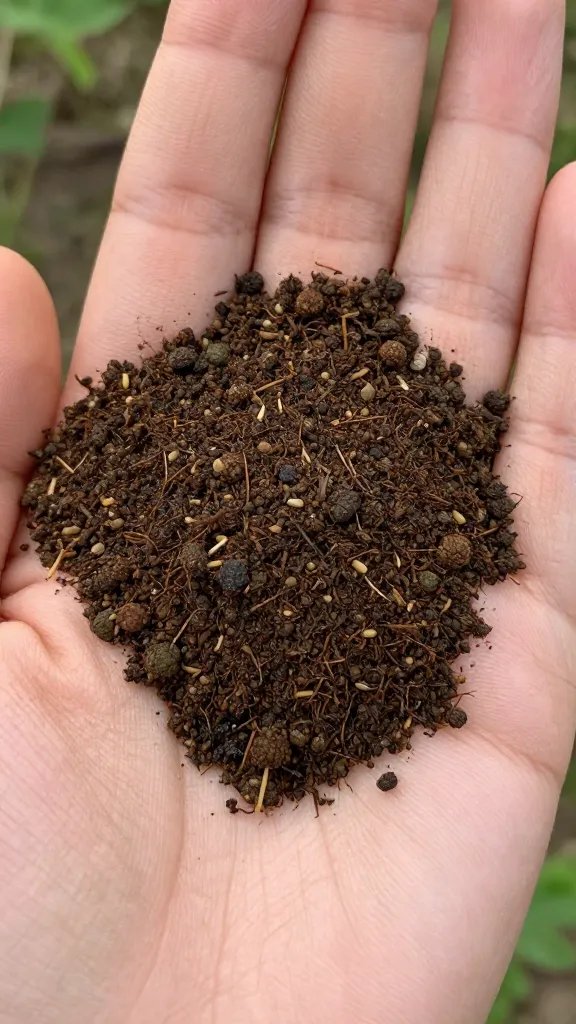 macro of microbe-rich worm castings in palm of hand
