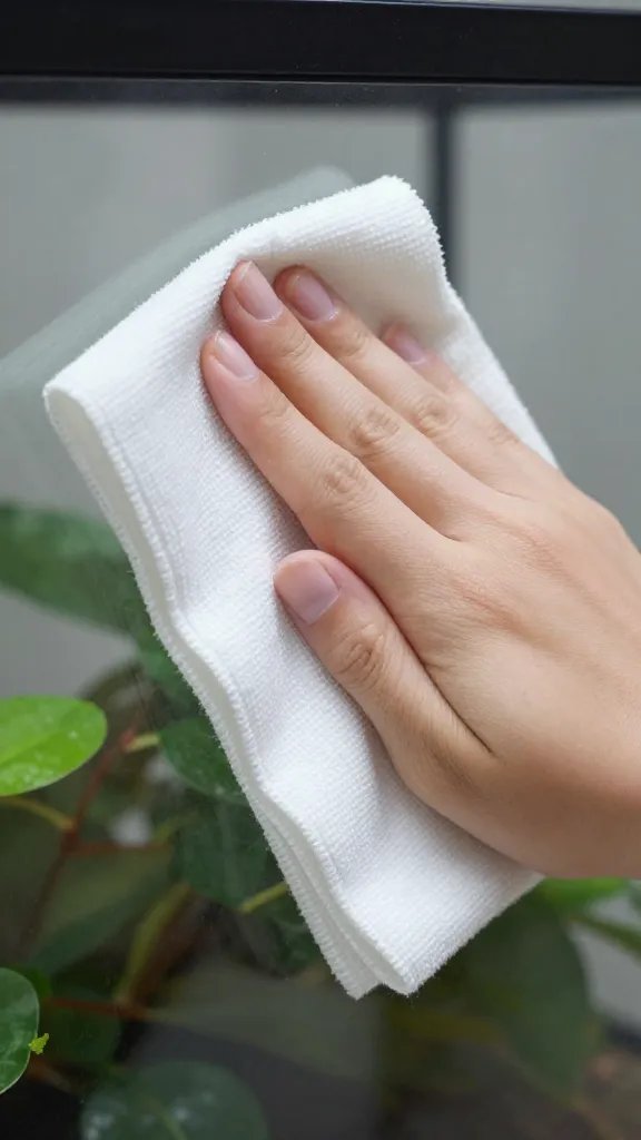 damp microfiber cloth wiping terrarium glass closeup