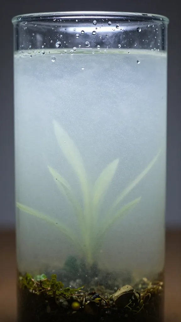 morning-misted terrarium glass, upper-third droplets, macro