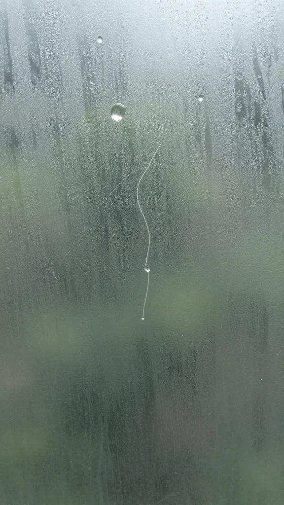 single droplet trail on terrarium pane, backlit