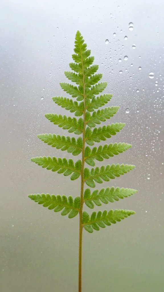 tiny fern frond pressing on dewy glass, macro