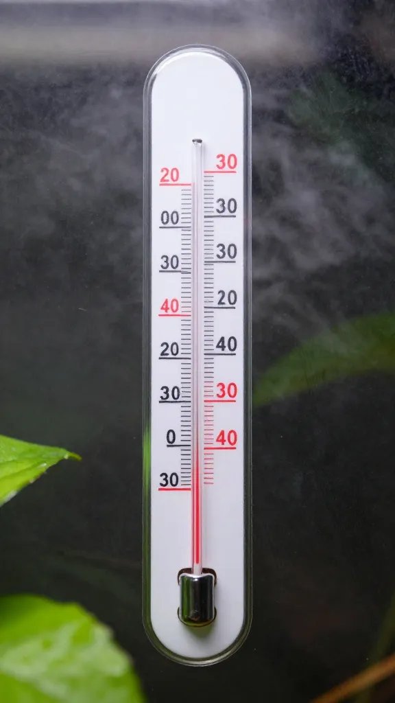 thermometer strip on terrarium wall with light mist