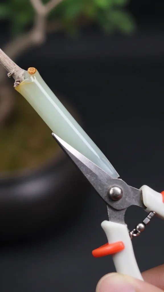 closeup jade stem being trimmed with bonsai shears