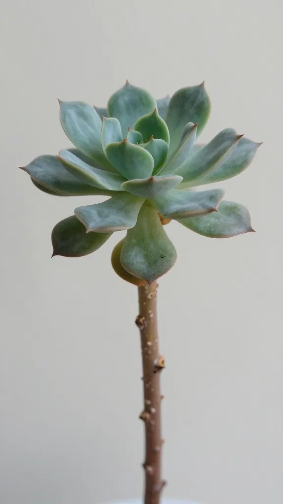 closeup of etiolated echeveria rosette with elongated stem