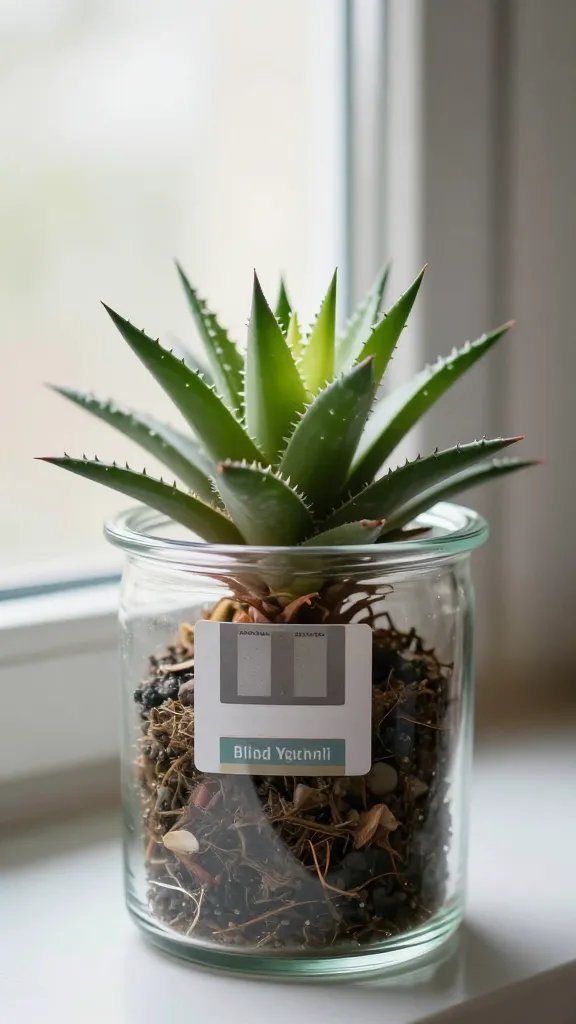 single floppy haworthia inside clear glass jar, soft window light
