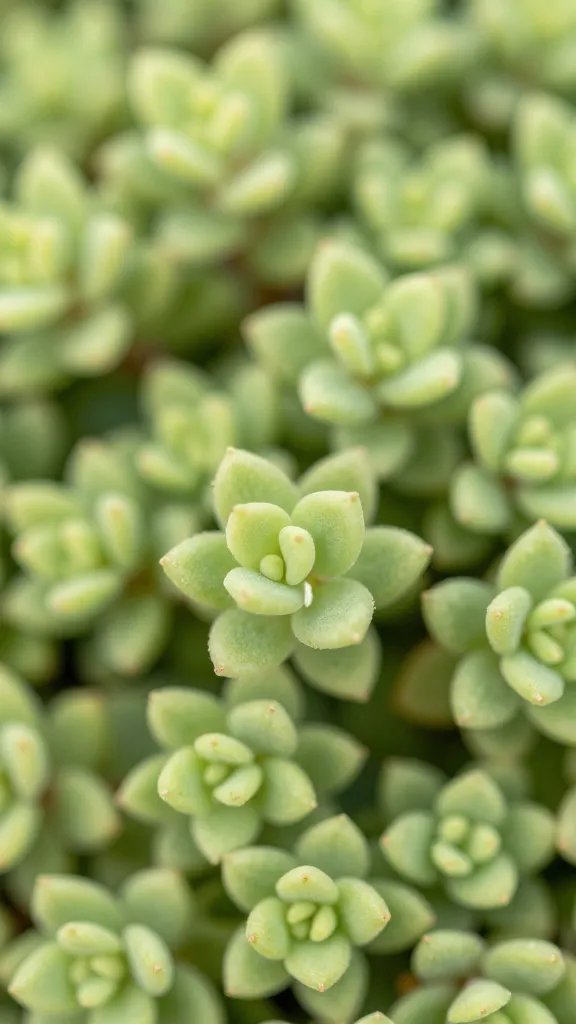closeup of stretched sedum internodes, pale green leaves