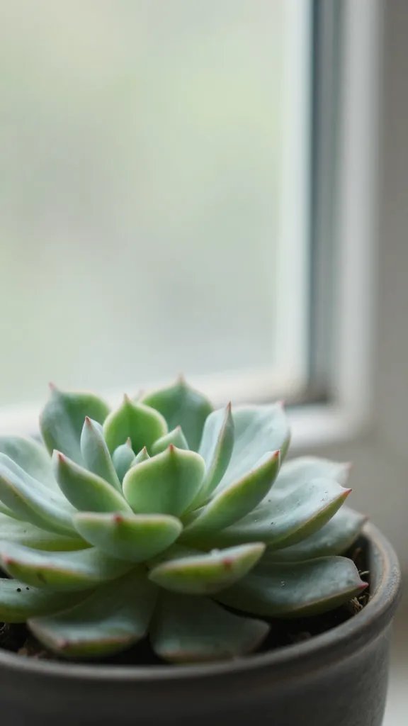 single succulent leaning toward window, blurred glass terrarium rim